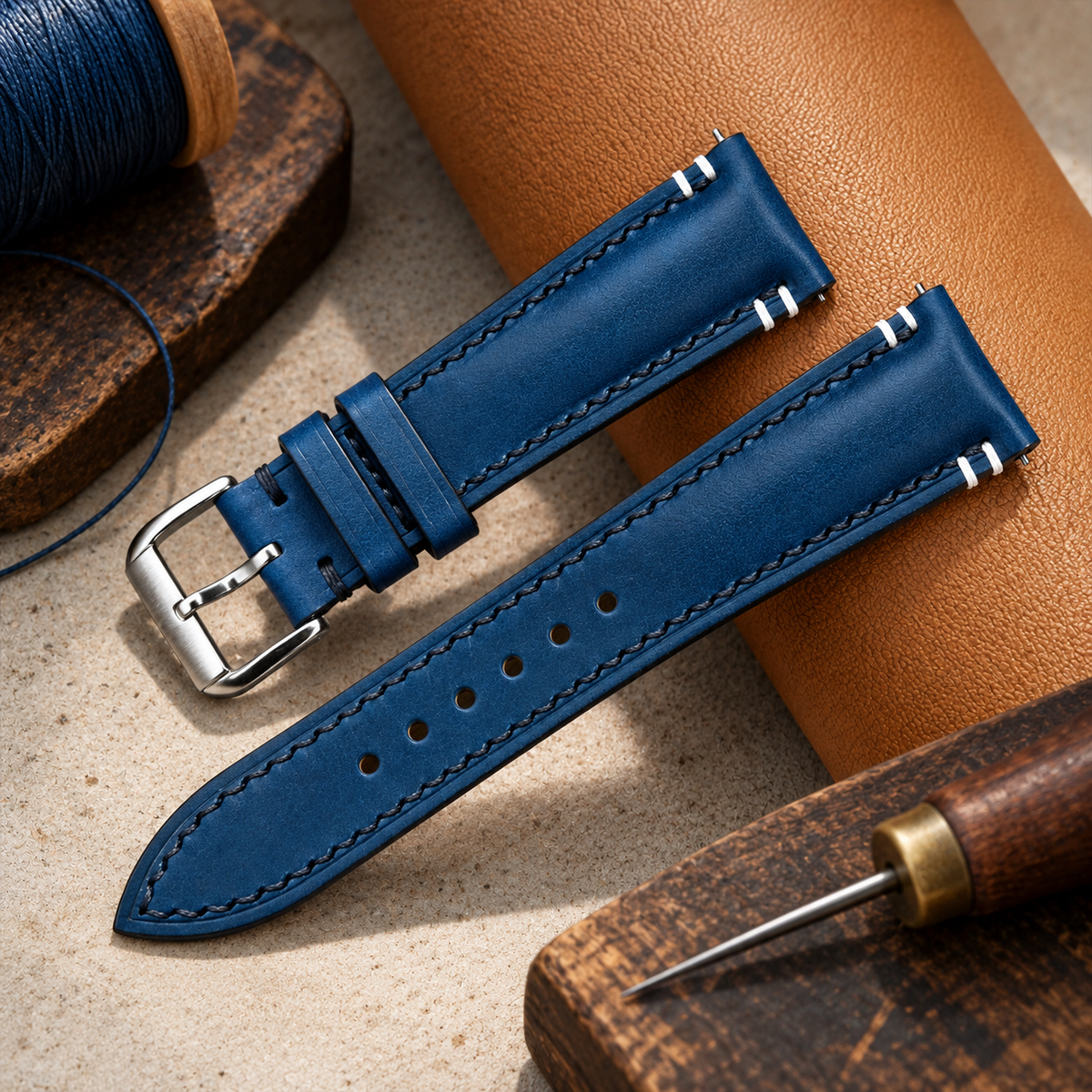Handmade Buttero Leather Watch Strap: Navy Blue Custom Band