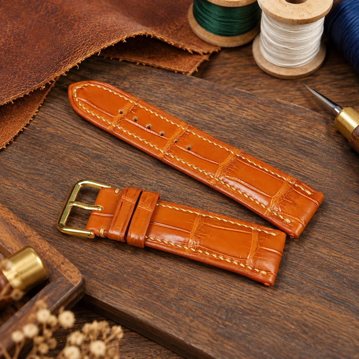 Orange Alligator Leather Watch Strap: Custom Handmade Band