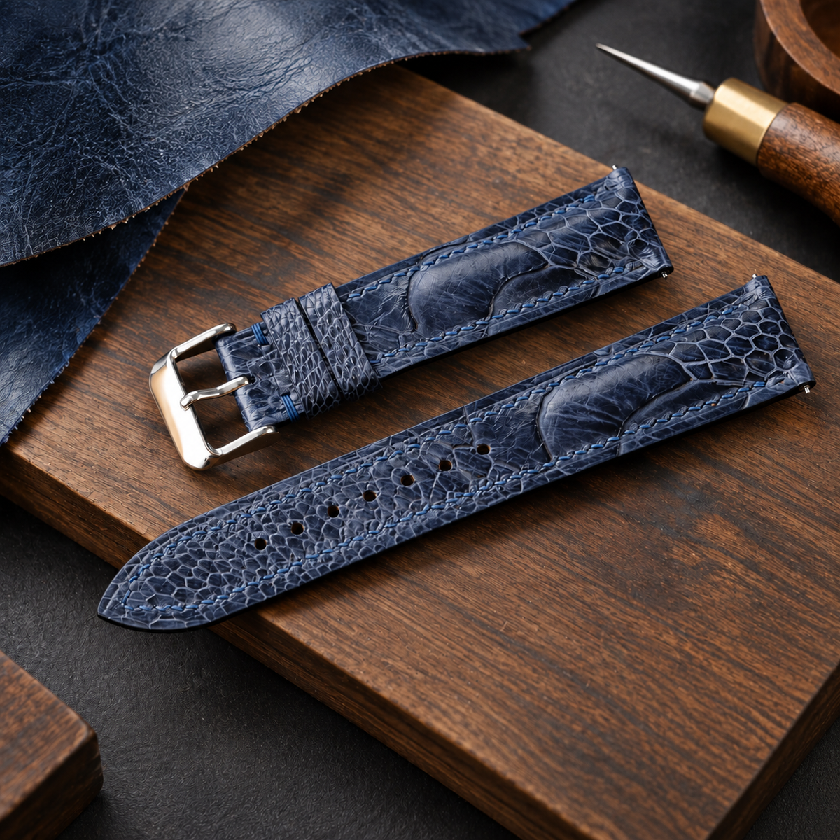 Dark Navy Ostrich Leather Watch Strap: Custom Handmade Band