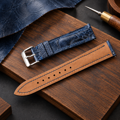 Dark Navy Ostrich Leather Watch Strap: Custom Handmade Band