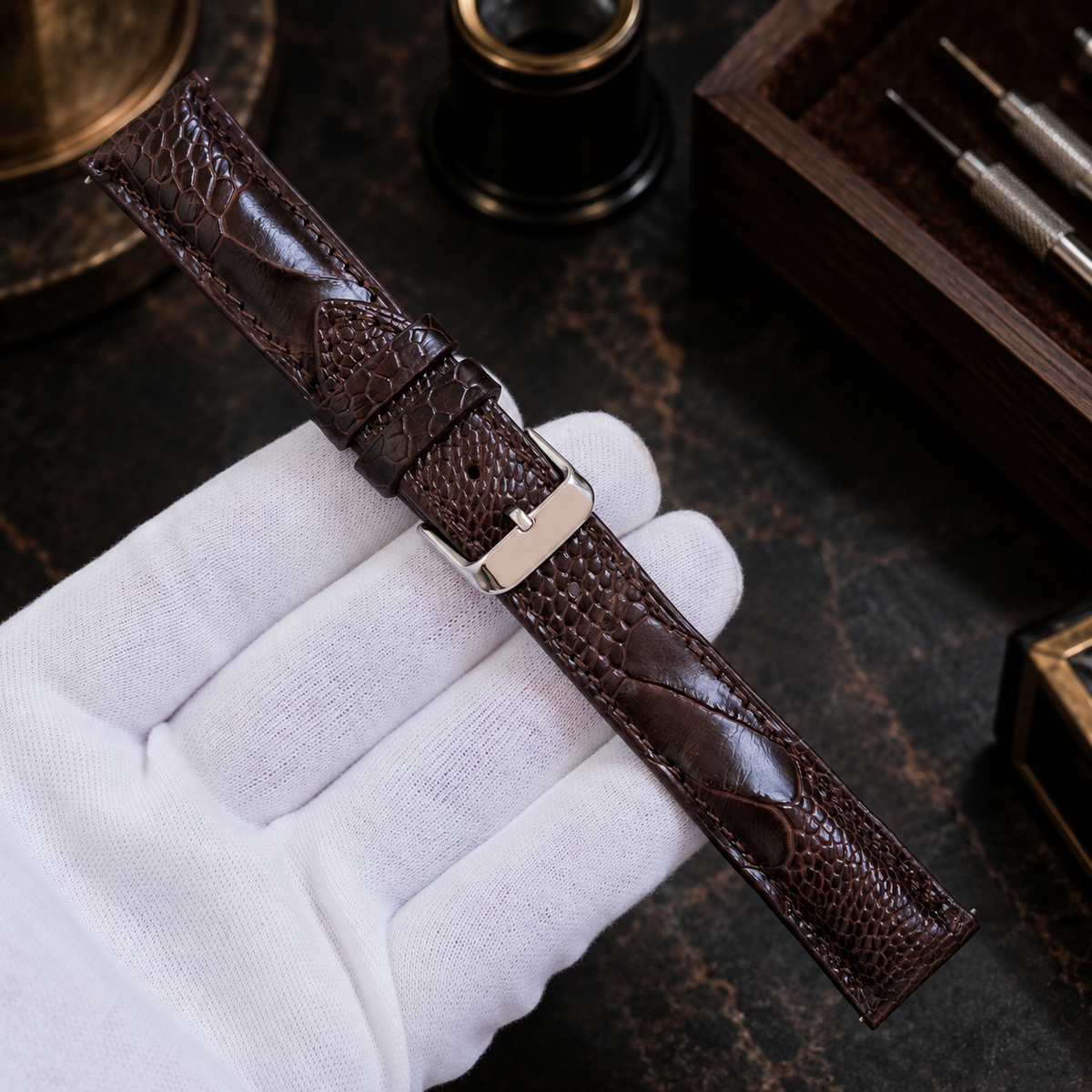 Dark Brown Ostrich Leg Leather Watch Strap: Custom Handmade Band
