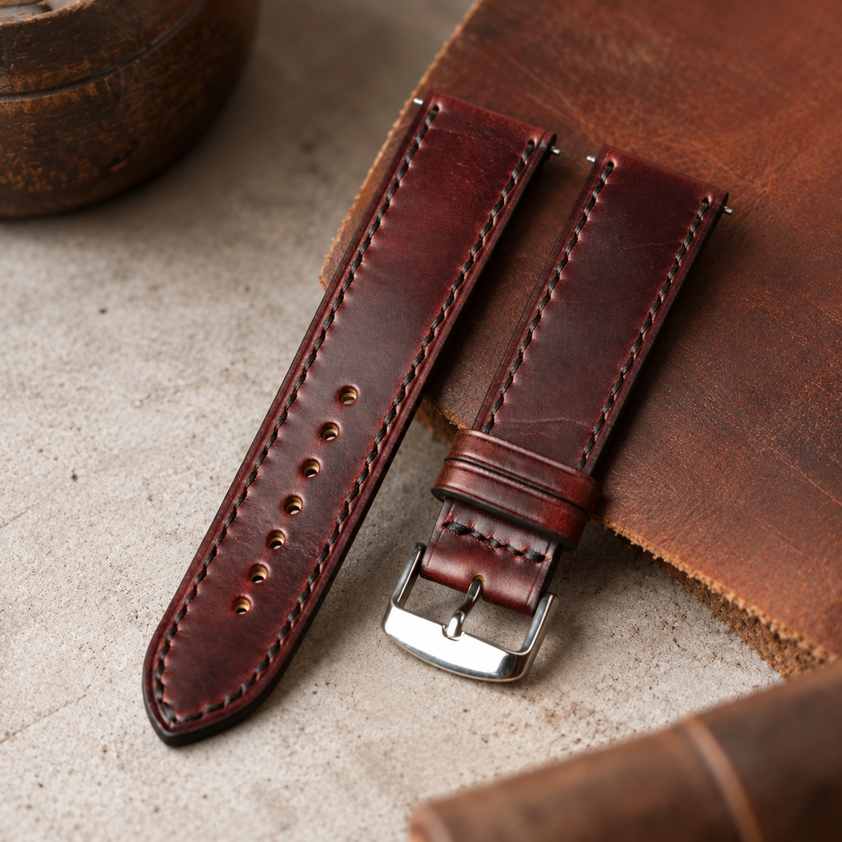 Horween Burgundy Leather Watch Strap: Custom Handmade Band