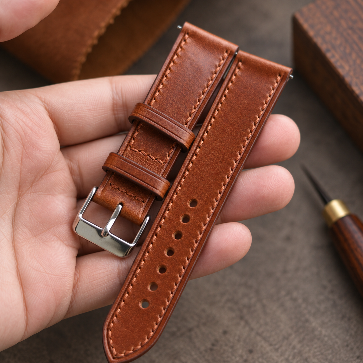 Medium Brown Buttero Leather Watch Strap: Whiskey Wheat Custom