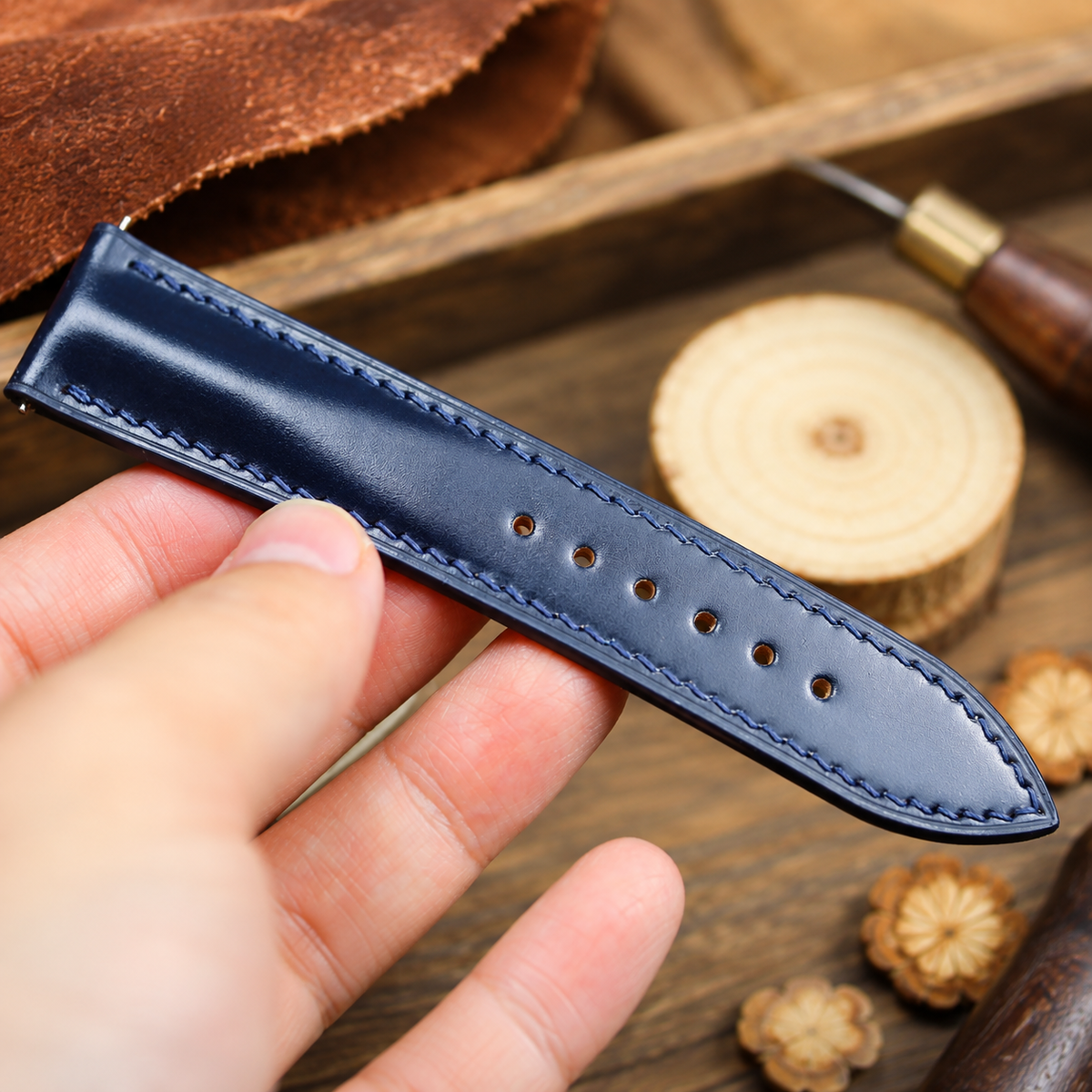 Navy Shell Cordovan Dark Blue Leather Watch Strap