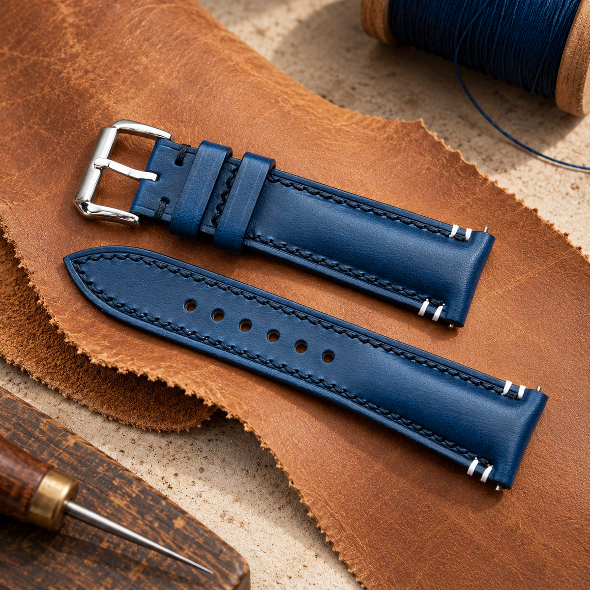 Handmade Buttero Leather Watch Strap: Navy Blue Custom Band