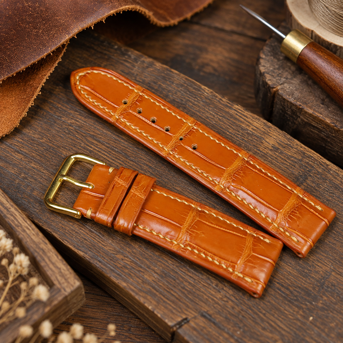 Orange Alligator Leather Watch Strap: Custom Handmade Band