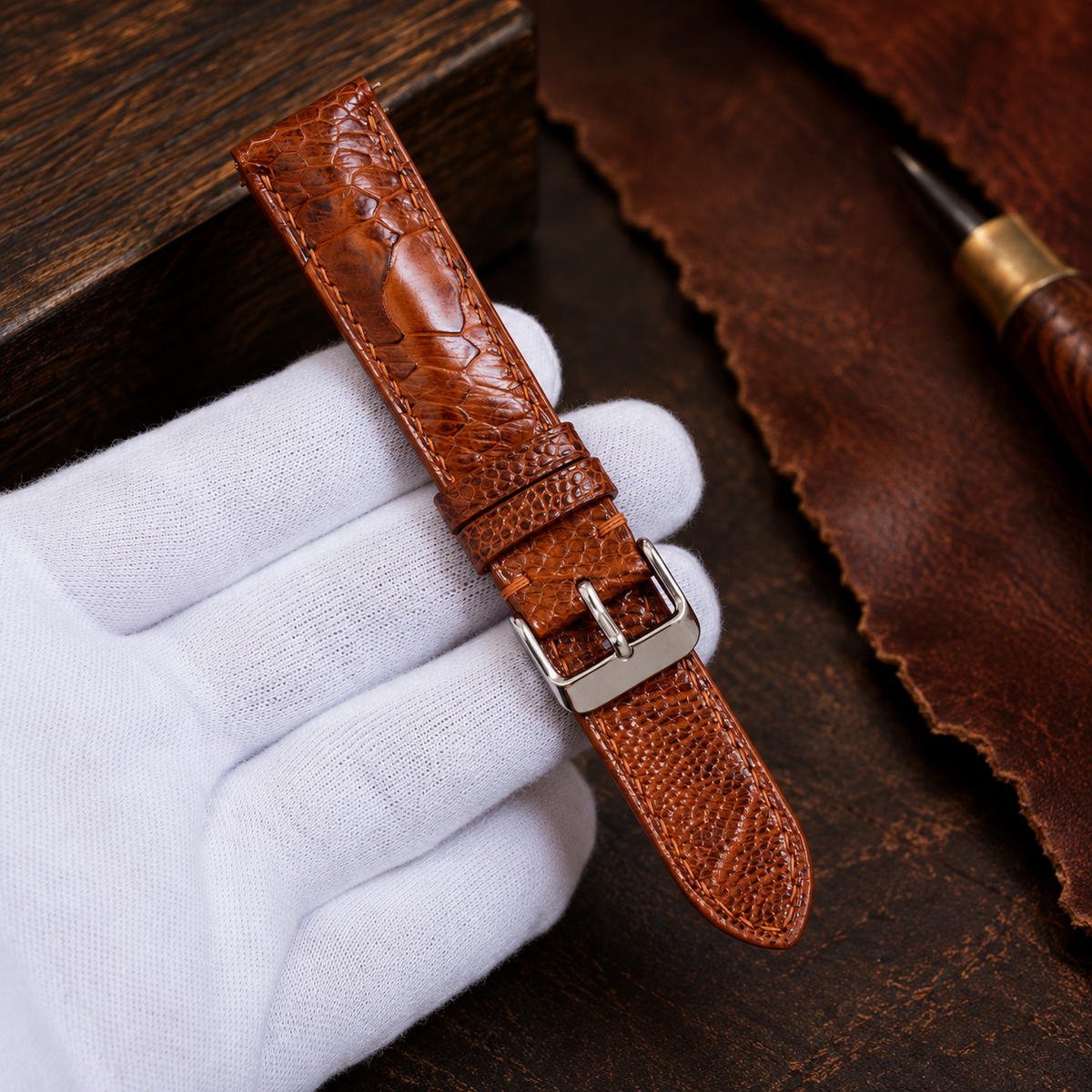Light Brown Ostrich Leg Leather Watch Strap: Custom Handmade Band