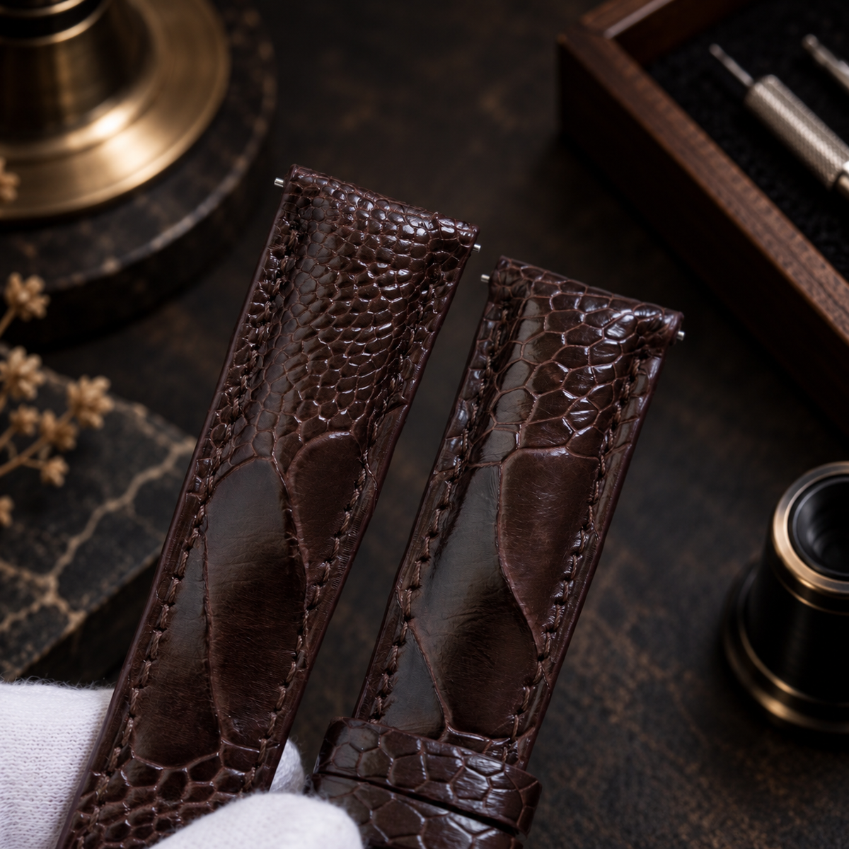 Dark Brown Ostrich Leg Leather Watch Strap: Custom Handmade Band