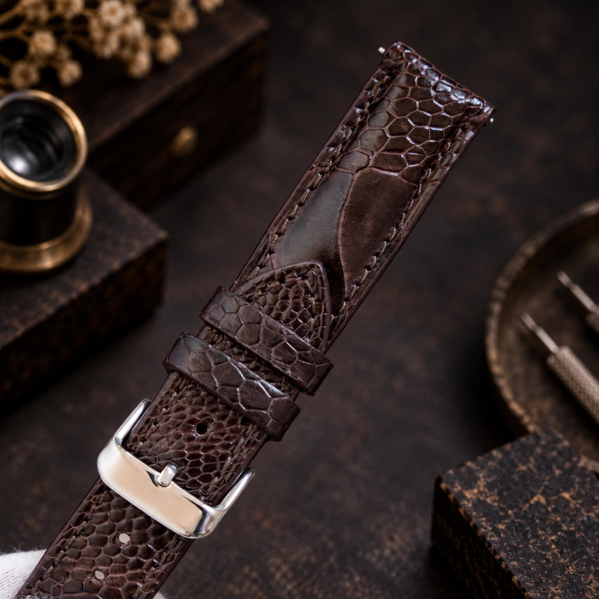 Dark Brown Ostrich Leg Leather Watch Strap: Custom Handmade Band
