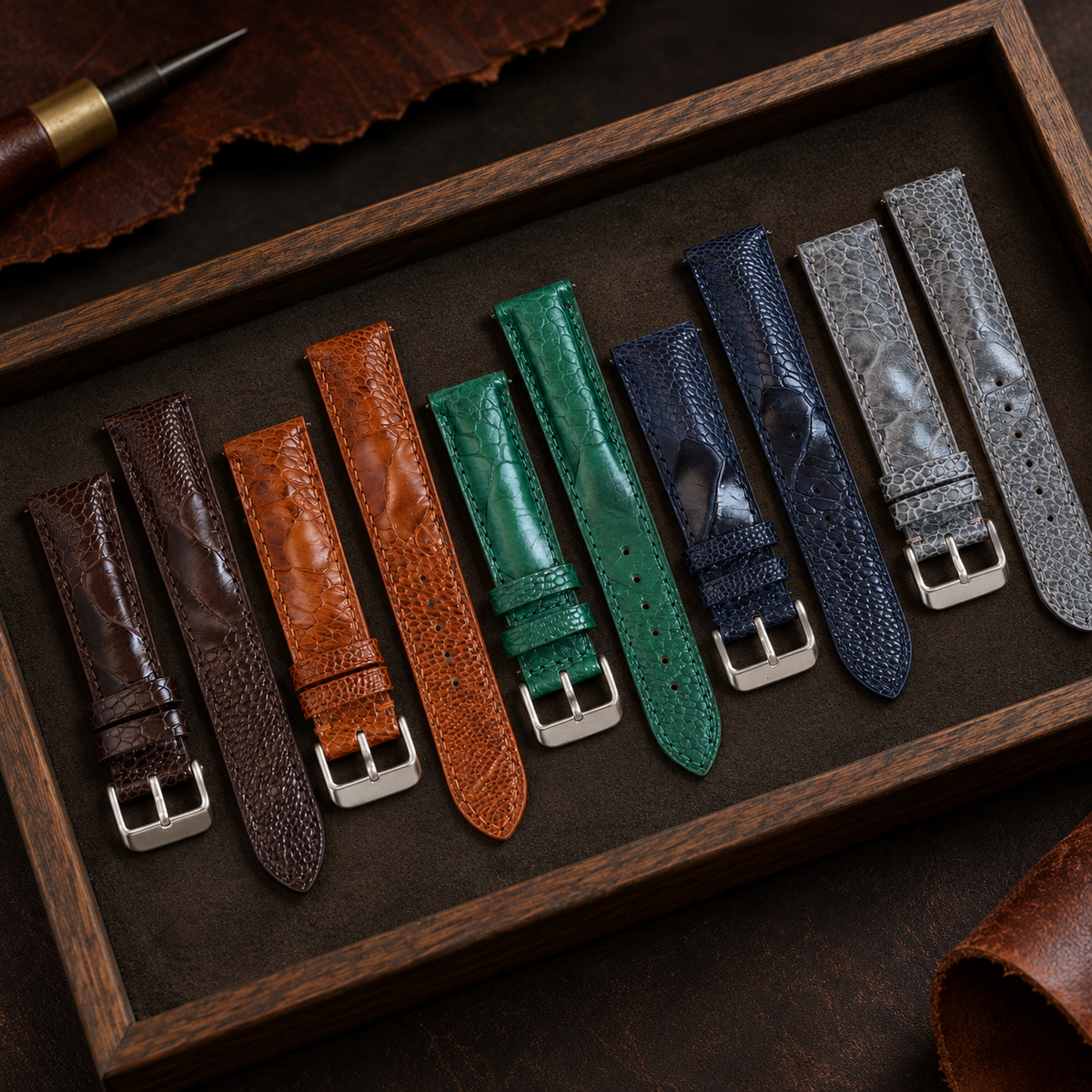 Gray Ostrich Leg Leather Watch Strap: Custom Handmade Band